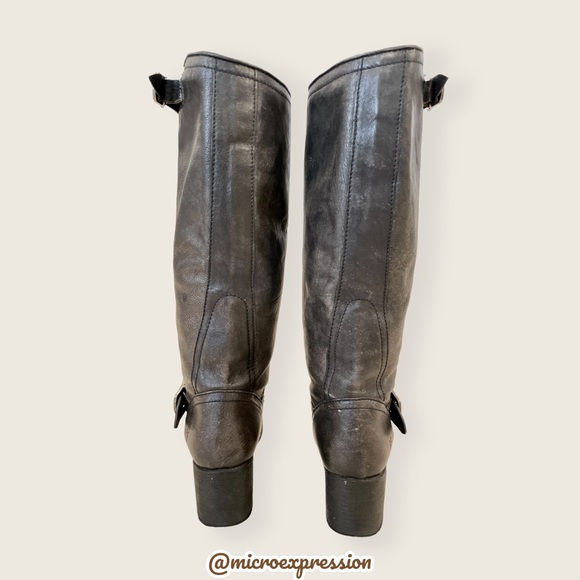 Frye Vera Slouch Grey Black Leather Block Heel Moto Knee High Tall Buckle Boot - Picture 9 of 13